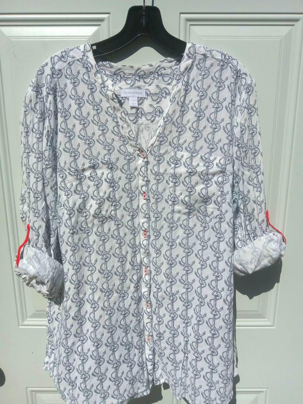 🍁Charter Club Anchor-Print Maritime Muse Button-Up Shirt Roll Sleeves Large